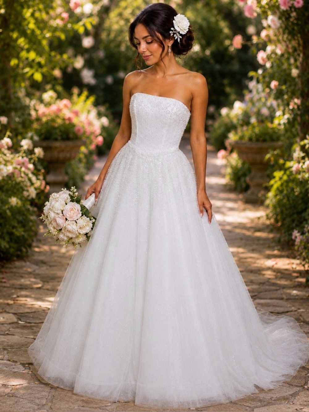 Oleg Cassini White Pearl Embellished Wedding Gown
